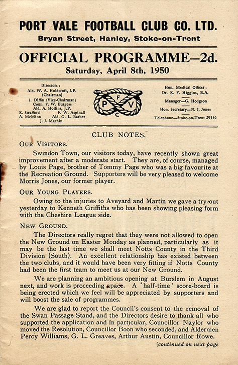 <b>Saturday, April 8, 1950</b><br />vs. Port Vale (Away)